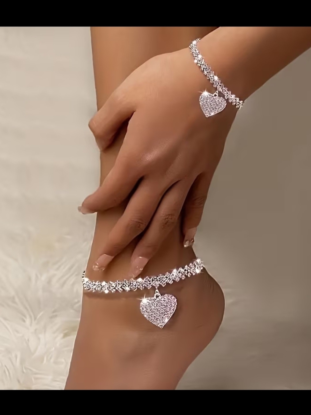 Silver Heart Charm Bracelet and Anklet Set